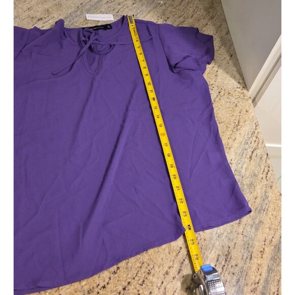 New! NY & Co Size L Purple Flutter Sleeve Tie Neck Keyhole Blouse Cute - Picture 4 of 11